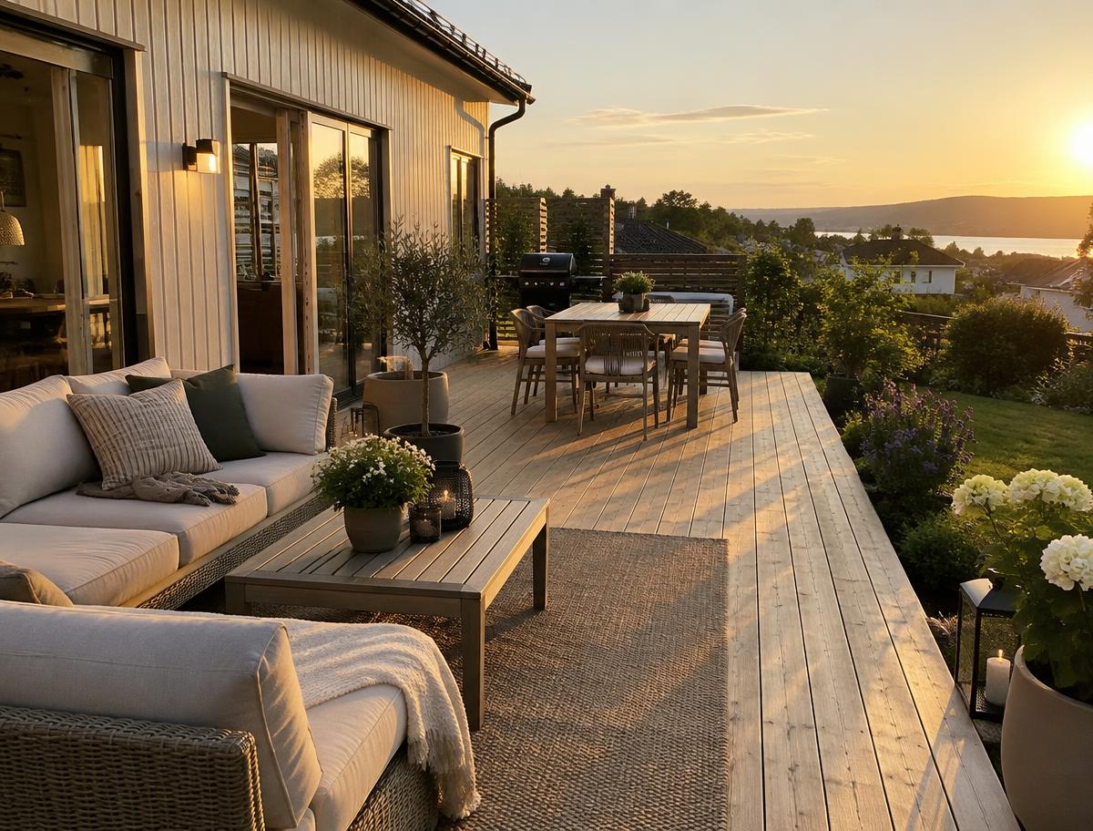 Ferdigbygd terrasse i kveldssol